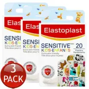 3 x Elastoplast Sensitive Kids Animals 20 Pack Wound Dressing Strips Plasters