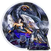Cool Fantasy Warrior Angel Dragon and Panthers Round Beach Towel