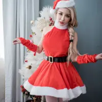 在飛比找momo購物網優惠-【流行E線】聖誕服聖誕節服裝 削肩澎澎洋裝聖誕裝 女生小洋裝