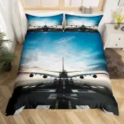 Kids Boys Airplane Duvet Cover Queen Blue Sky Aviation Aircraft Runway Beddin...