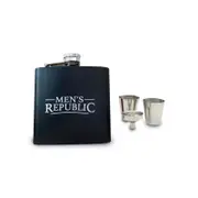 4pc Men's Republic Hip Flask Funnel and 2 Cups Drinking Set Silver & Black