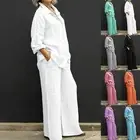 Light Blue Two Piece Set Women's Lapel Shirt and Casual Straight Pants