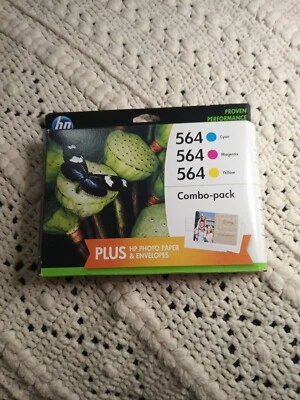 HP 564 Combo Pack Yellow Cyan Magenta Ink Cartridges Photo Paper Envelopes 01/18