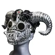 Silver Raven Ram Horn Headband w/ Steampunk Goggle Mask Hallween Party Costume