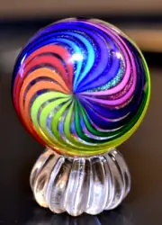JAMES ALLOWAY GLASS MARBLE/2.505"-BRIGHT RAINBOW SWIRL #163-SAPPHIRE,ROYAL,ORG+