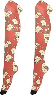 [FRODOTGV] FLOWER and whites Red Thigh High Socks for Women Fashionable Extra Long Knee Boot Stockings for Women Thigh High Tube Socks, Flower and Whites Red