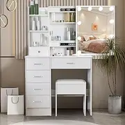 [Buildonely] Vanity Table, 3 Color Light Settings Sliding Mirror Vanity Set with Cushioned Stool, Makeup Table with Drawers, Cabinets and Stool for Girls and Women, White