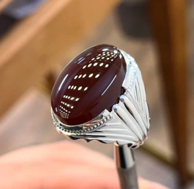 Al-Kabadi Brown Aqeeq Ring Unique Design Agate Dark Brown Haqeeq Silver 925