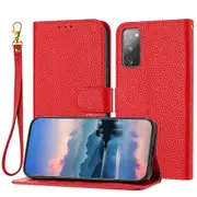 Galaxy S20 Fe Case Litchi Grain PU Leather Folio Cover Magnetic Closure Flip Wallet Card Slots Stand Case With Hand Strap, Brown - Red