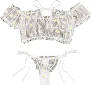 [Generic] Open Cup Lingerie Embroidery Sleepwear Women Bra Lingerie Strapless Lace Pajamas Set Thong Bowknot Bath Milk for Women Outfits