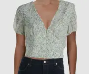 $100 Aqua Women's White Short Puff-Sleeve Button-Front Cropped Shirt Top Size XS