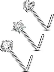 [OUFER] 3PCS Nose Rings Studs, G23 Solid Titanium 20G Nose Rings L-shaped, Round/Star/Heart Shaped Sparkling CZ Nostril Piercing Jewelry for Women and Men