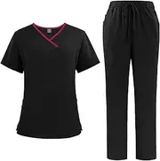 Meichoon Scrubs for Women Split Suit V-Neck Top and Jogging Pants with Four Pockets Pure Color Quick Drying Medical Nursing Uniforms DK51