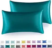 Satin Silk Pillow Cases - 2 Pack Pillowcases for Hair and Skin Queen Size 51x76cm, Bed Pillow Cover Protector Set of 2 with Envelope Closure (Teal, Standard 48cm x73cm)