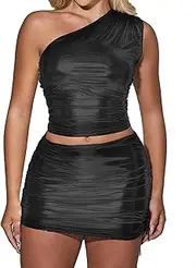 [Aucute] Shiny Metallic Two Piece Skirt Set, Sleeveless One Shoulder Crop Tops and Side Drawstring Ruched Bodycon Mini Skirt
