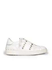 White Leather Rockstud Lace Up Trainers