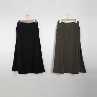 【CUMAR】口袋裝飾釦A字長裙(黑 綠)