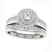 1.0 CT. T.W. Natural Diamond Double Frame Bridal Engagement Ring Set in Solid 14K White Gold