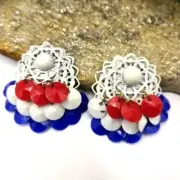 50's Faceted Dangles White Enamel Earrings Clip-On Stud Metal Statement Fashion
