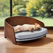 Taily Luxury Velvet Dog Sofa, 67x51cm Wooden Pet Sofa with High-Density Foam, Wide Lounging Bed for Small Dogs with Removable and Washable Cover, Modern Bentwood Style,No-Assembly, Grey