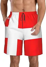 [WURTON] Denmark Danish Flag Print Men's Beach Shorts Hawaiian Summer Holiday Casual Shorts with Drawstring, Quick Dry