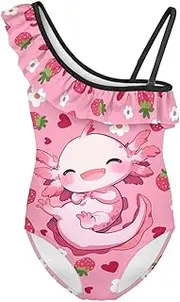 [WELLFLYHOM] Girls Ruffle One Piece Swimsuit 3-14 Full Coverage Bathing Suits One Shoulder Swimwear for Summer Beach