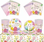 69Pcs Easter Party Tableware Set Eas-ter Egg Hunt Cartoon Party Decorations Table Cloth,7inch 9inch Paper Plates,Paper Napkins for Easter Theme Table Party Favor- Spring Decorations