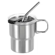 304 Stainless Steel Cup with Handle & Straw & Lid, 10oz Double Wall Water Cup