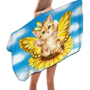 Fun Cats Cute Yellow Sunflower Fairy Kitten Microfiber Beach Towel