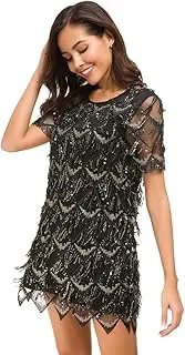 [VVMCURVE] Women's Sequin Fringe 1920 Short Prom Dress Sequins Art Deco Cocktail Gatsby Party Dress with Short Sleeve