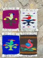 Bird Rug Mug Coasters, Set of 4 Mini Rug Hand Woven Zapotec Sheep Wool Tapestry