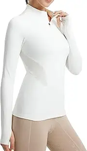 [FitsT4 Sports] Women's Riding Shirt Long Sleeve Riding Shirts Quick Dry Functional Shirt with Half Zip, White, L