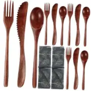 Portable Wood Flatware Set for Eating Lunch 4 Sets of Knives, Spoons and Forks
