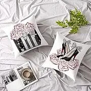 Pink Gray Throw Pillow Covers Couch Bed Decorative Pillow Covers Fashion Handbag High Heels Flower Sofa Pillow Covers 18x18 Women Teen Girls Room Decor Soft Velvet Square Pillow Cases Set of 2