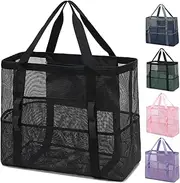 [Fammart] Mesh Beach Bag, Large Beach Tote with Zipper Pocket for Family Pool Bag for Toys & Vacation Essentials