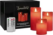 Red Flameless Candles Flickering Flame with Remote & Timer | Amazing Realistic Moving Flame | Battery Operated LED | Real Wax Set of 3 | Elegant Home Decor Gift | 2 REMOTES Included