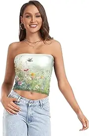 [RPLIFE] Colorful Wildflowers Cute Bird Crop Tube Tops for Women, Trendy Crop Tops, Sheer Tube Tops, Summer Tube Tops (S)