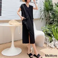 在飛比找momo購物網優惠-【MsMore】韓版時髦短袖寬鬆開叉V領休閒連身長裙#113