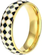 [Tckyi] 6mm Gold Plated Stainless Steel Checkered Bands Statement Ring 6MM Wide Edge Comfort Fit Size 5-10