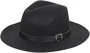 [Digood] Women's Crushable Wool Felt Hat, Panama Hat, Wide Brim with Belt, Western Style Foldable Hat, Black -, One Size, Black -, Talla Única