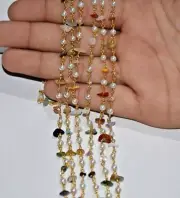 bulk beaded multi chips beads rosary chain, Gold plated chain for jewelry making