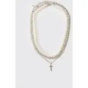 Mens Layered Pearl Necklace With Cross Pendant in Silver