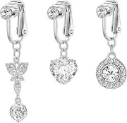 [BVLAGIDA] Pack of 3 Fake Belly Button Piercing for Women, Surgical Steel, Fake Belly Button Piercing, Butterfly Heart Zircon, with Gift Box