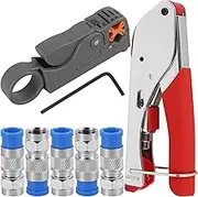 Coaxial Cable Crimper Tool Kit, Wire Stripper Tool Professional Coaxial Compression Tool Safe Coaxial Wire Stripper with 5 F Type RG6 Compression Connectors for RG59/RG59 Quad/RG6/RG6 Quad