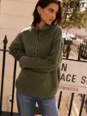 Olive Green Teddy Borg Cosy Longline Quarter Zip Fleece (B28546) | $43