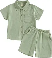 [MBMSHEGH] Baby Boy Cotton Linen Clothes Set Short Sleeve Button Down T-shirt Elastic Waist Shorts Summer Casual Plain Outfits
