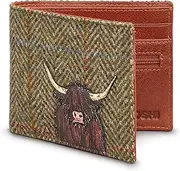 [Yoshi] Highland Cow Harris Tweed & Leather Wallet, Mens Leather Wallet, RFID Wallet, Brown Leather Wallet, Brown, One Size, Contemporary