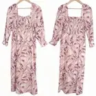 House of Harlow 1960 Linen Smocked Pink Palm Midi Dress Bishop Sleeve Size Small