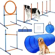 Dog Agility Training Equipment,Dog Obstacle Course Training Starter Kit Pet Outdoor Game with Tunnel, Agility Hurdle, Weave Poles, Jump Ring, Pause Box, Storage Bag