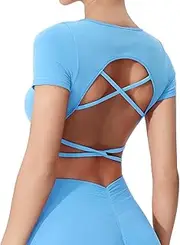 Women's Seamless Cross-Back Yoga Top Built-in Bra,Quick-Dry Running Shirt, High-Stretch Gym Tee